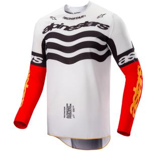 Camiseta de motocross Alpinestars Techstar edición limitada en negro intenso, blanco, rojo fluorescente y naranja.