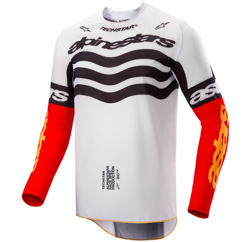 Camiseta de motocross Alpinestars Techstar edición limitada en negro intenso, blanco, rojo fluorescente y naranja.