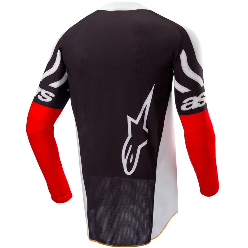 Camiseta de motocross Alpinestars Techstar edición limitada en negro intenso, blanco, rojo fluorescente y naranja.