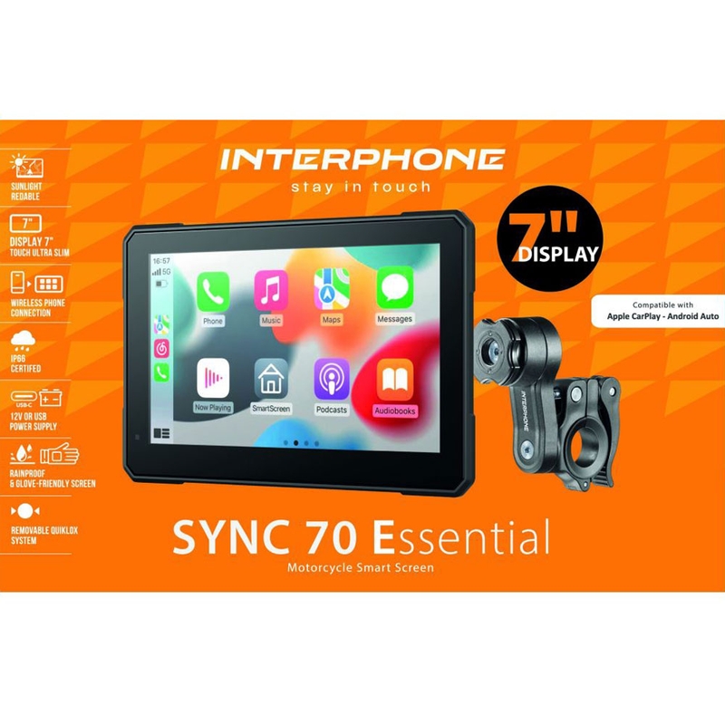 Interphone SYNC70 ESSENTIAL con pantalla compatible con Apple CarPlay y Android Auto para motocicletas