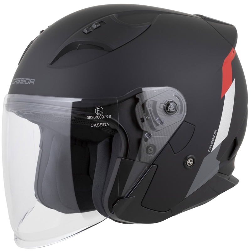 Casco de moto abierto Cassida Reflex 2.0 Safety en negro mate, rojo, gris y plateado reflectante.