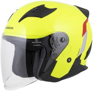 Casco de moto abierto de seguridad Cassida Reflex 2.0 en amarillo fluorescente, rojo, gris y plateado reflectante.