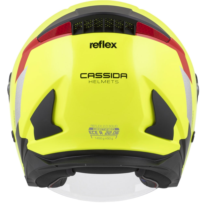 Casco de moto abierto de seguridad Cassida Reflex 2.0 en amarillo fluorescente, rojo, gris y plateado reflectante.