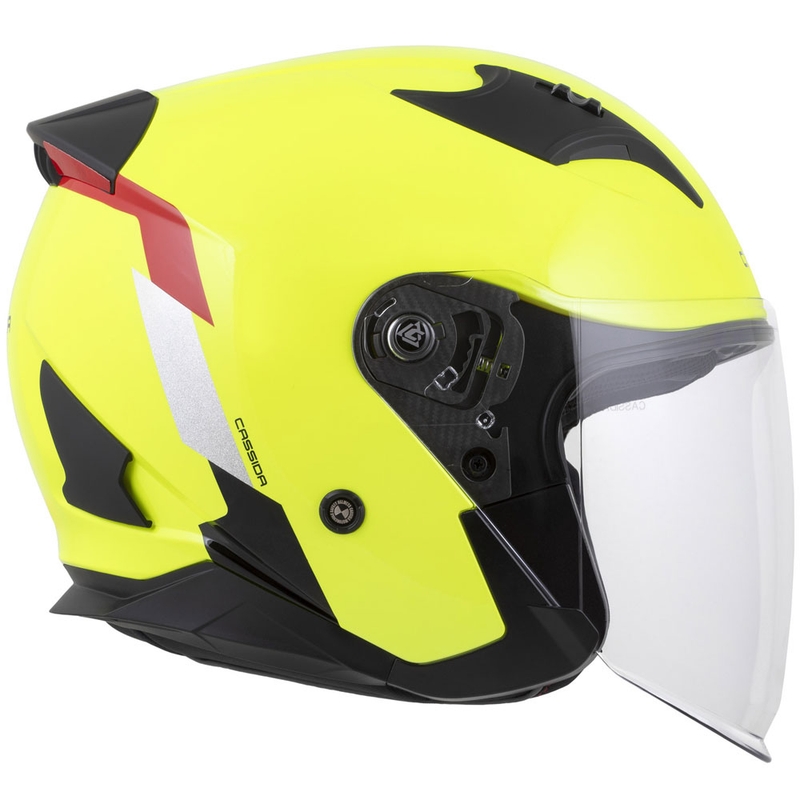 Casco de moto abierto de seguridad Cassida Reflex 2.0 en amarillo fluorescente, rojo, gris y plateado reflectante.