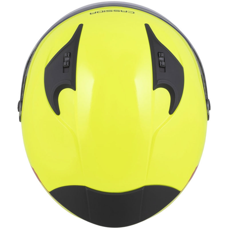 Casco de moto abierto de seguridad Cassida Reflex 2.0 en amarillo fluorescente, rojo, gris y plateado reflectante.