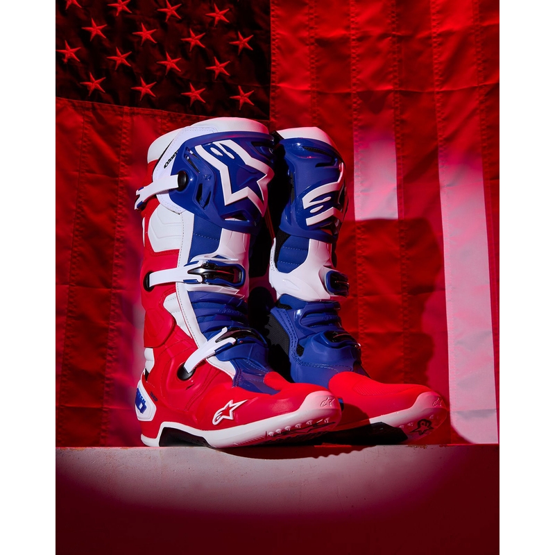 Botas de moto Alpinestars Tech 10 Edición Limitada FORTITUDE Blanco-Azul-Rojo