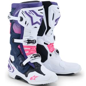 Botas de moto Alpinestars Tech 10 en blanco, morado, azul y rosa fluorescente