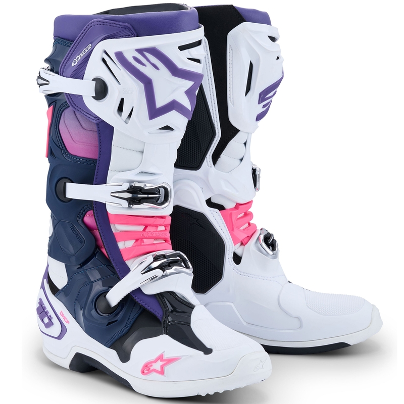 Botas de moto Alpinestars Tech 10 en blanco, morado, azul y rosa fluorescente