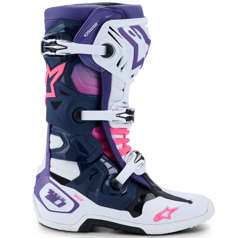 Botas de moto Alpinestars Tech 10 en blanco, morado, azul y rosa fluorescente