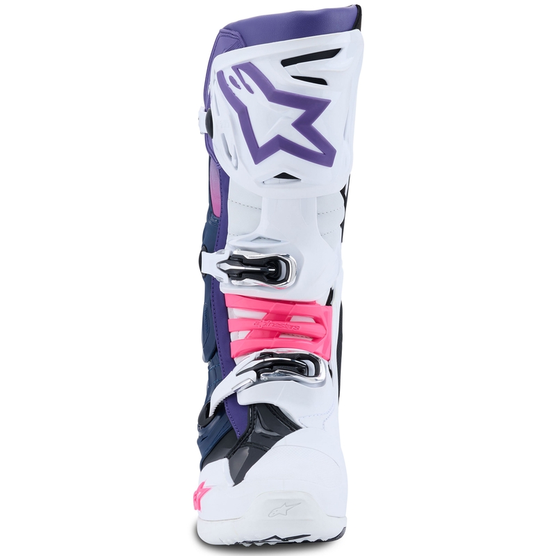 Botas de moto Alpinestars Tech 10 en blanco, morado, azul y rosa fluorescente