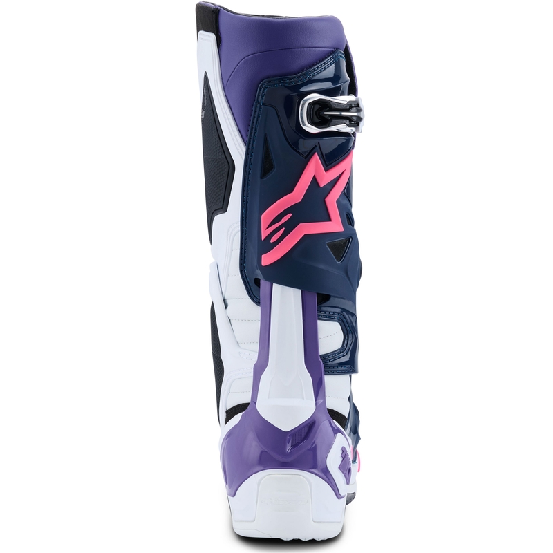 Botas de moto Alpinestars Tech 10 en blanco, morado, azul y rosa fluorescente