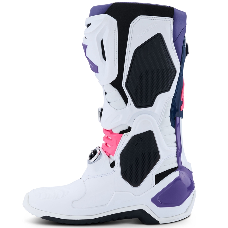 Botas de moto Alpinestars Tech 10 en blanco, morado, azul y rosa fluorescente