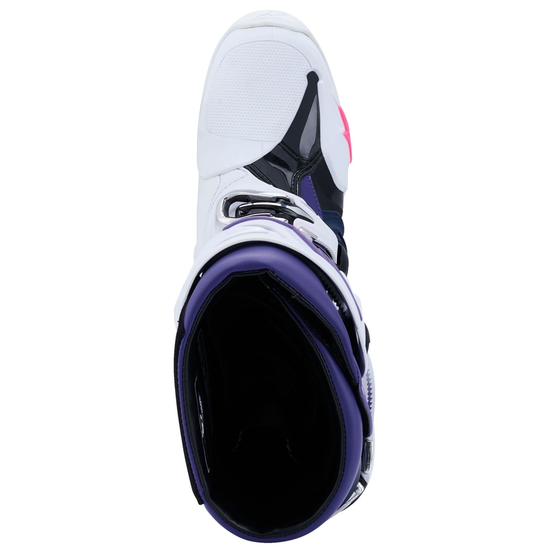 Botas de moto Alpinestars Tech 10 en blanco, morado, azul y rosa fluorescente
