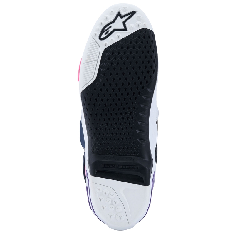 Botas de moto Alpinestars Tech 10 en blanco, morado, azul y rosa fluorescente