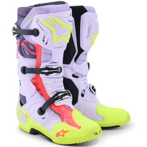 Botas de moto Alpinestars Tech 10 Supervented en morado, amarillo fluorescente y rosa