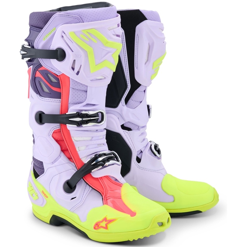 Botas de moto Alpinestars Tech 10 Supervented en morado, amarillo fluorescente y rosa