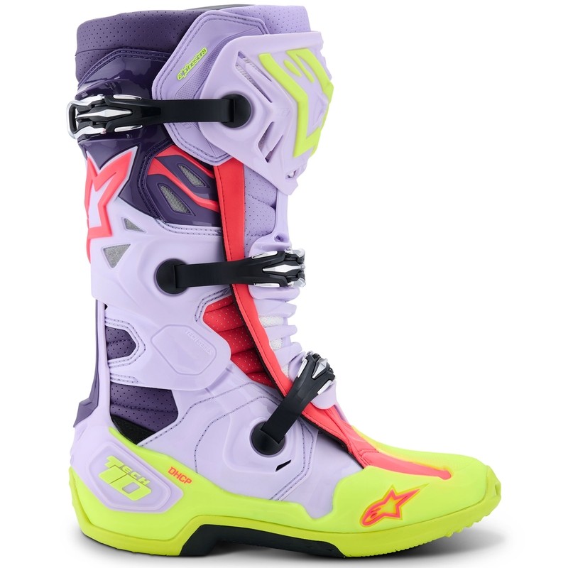 Botas de moto Alpinestars Tech 10 Supervented en morado, amarillo fluorescente y rosa