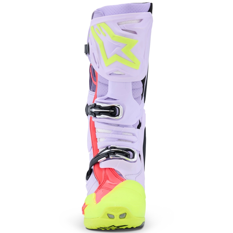 Botas de moto Alpinestars Tech 10 Supervented en morado, amarillo fluorescente y rosa