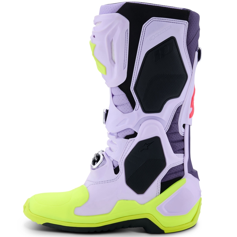 Botas de moto Alpinestars Tech 10 Supervented en morado, amarillo fluorescente y rosa