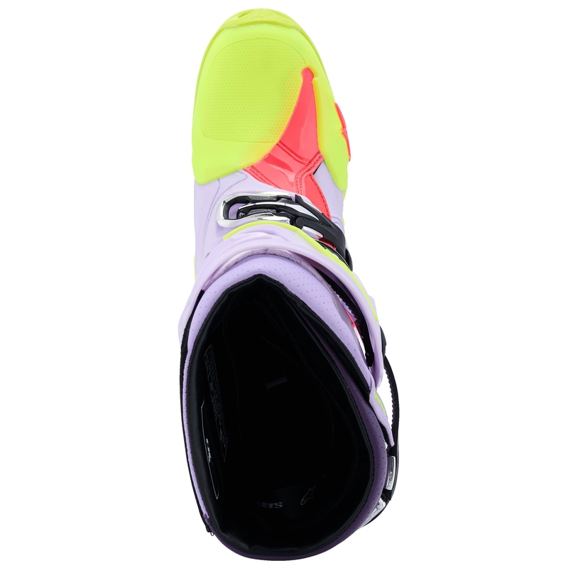 Botas de moto Alpinestars Tech 10 Supervented en morado, amarillo fluorescente y rosa