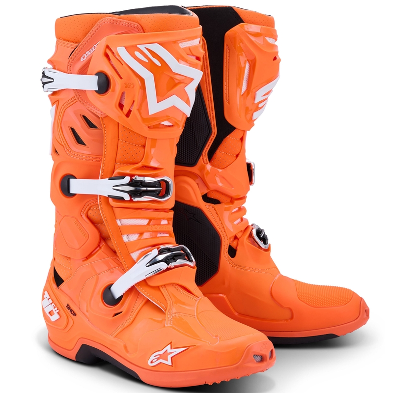 Botas de moto Alpinestars Tech 10 Supervented en naranja fluorescente, negro y blanco