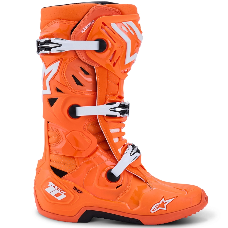 Botas de moto Alpinestars Tech 10 Supervented en naranja fluorescente, negro y blanco