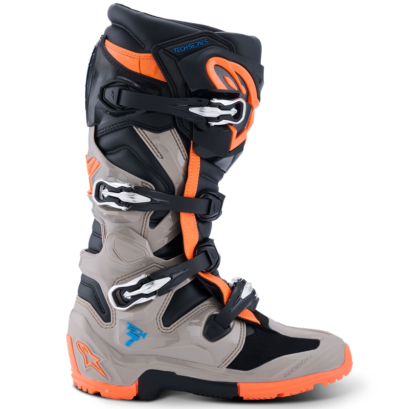 Botas de moto Alpinestars Tech 7 Enduro en negro, gris oscuro y naranja fluorescente