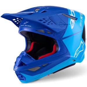 Casco de motocross Alpinestars Supertech S-M10 Flood en azul perla, azul claro, negro, carbono, mate y brillante.