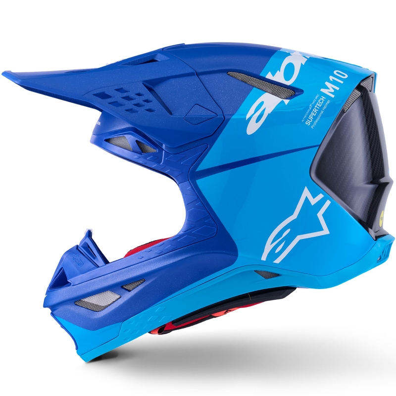 Casco de motocross Alpinestars Supertech S-M10 Flood en azul perla, azul claro, negro, carbono, mate y brillante.