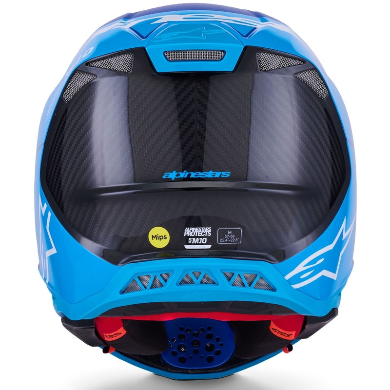 Casco de motocross Alpinestars Supertech S-M10 Flood en azul perla, azul claro, negro, carbono, mate y brillante.