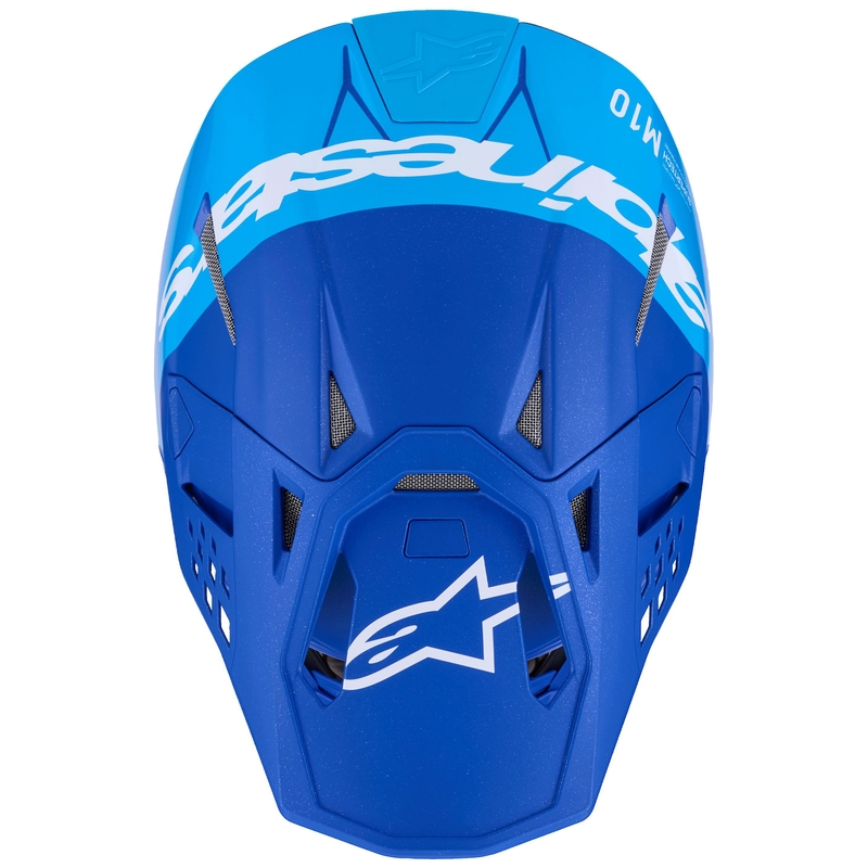Casco de motocross Alpinestars Supertech S-M10 Flood en azul perla, azul claro, negro, carbono, mate y brillante.