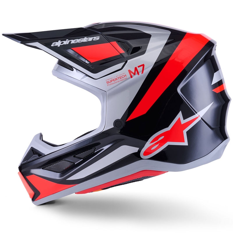 Casco de motocross Alpinestars SM7 Rise negro-plata-rojo fluorescente