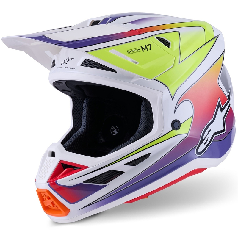 Casco de motocross Alpinestars SM7 Fuse blanco-amarillo fluorescente-violeta