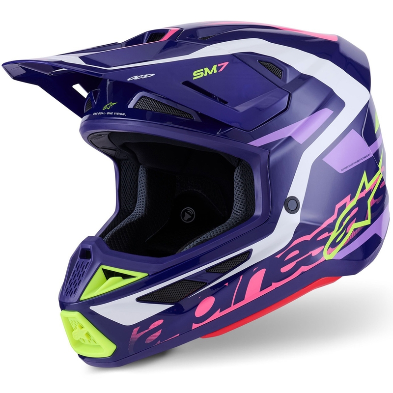 Casco de motocross Alpinestars SM7 Deed en morado, rosa, blanco y amarillo fluorescente.