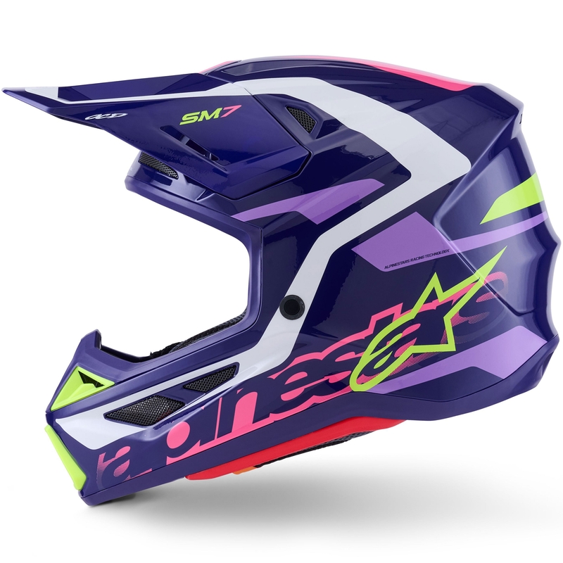 Casco de motocross Alpinestars SM7 Deed en morado, rosa, blanco y amarillo fluorescente.