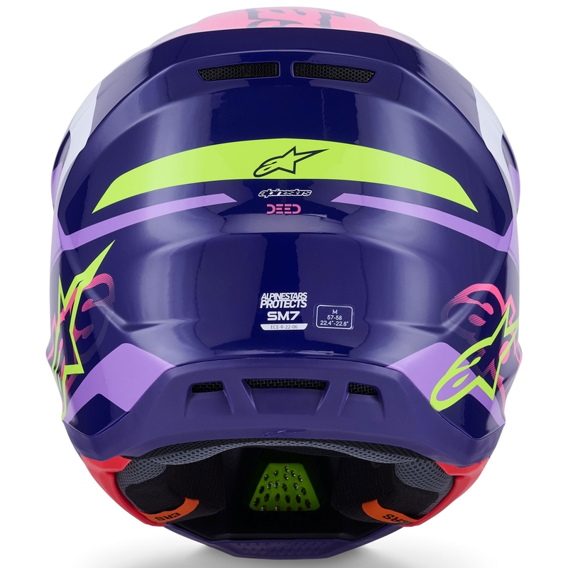 Casco de motocross Alpinestars SM7 Deed en morado, rosa, blanco y amarillo fluorescente.