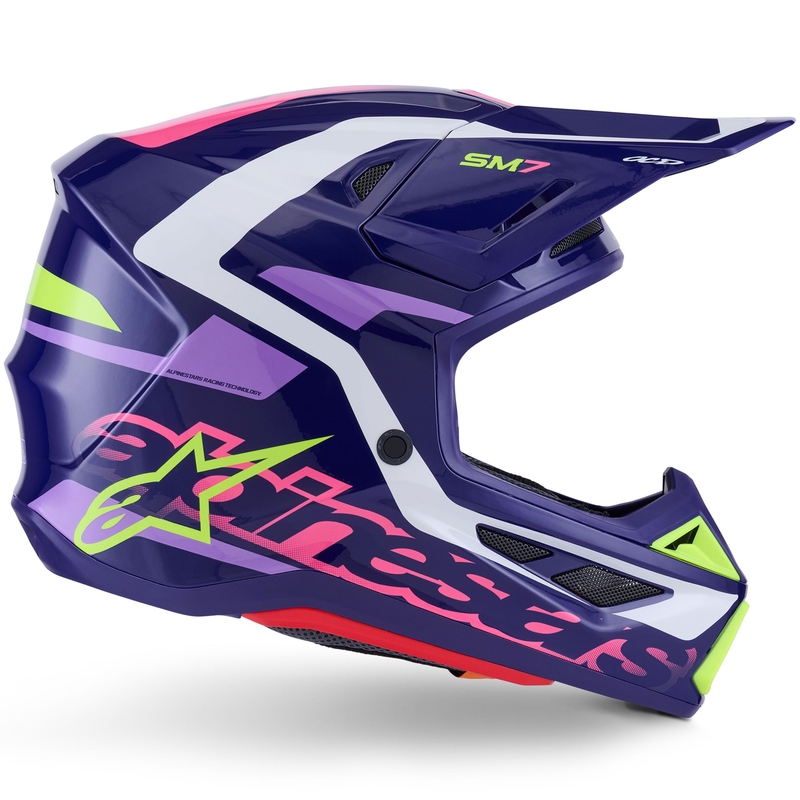 Casco de motocross Alpinestars SM7 Deed en morado, rosa, blanco y amarillo fluorescente.