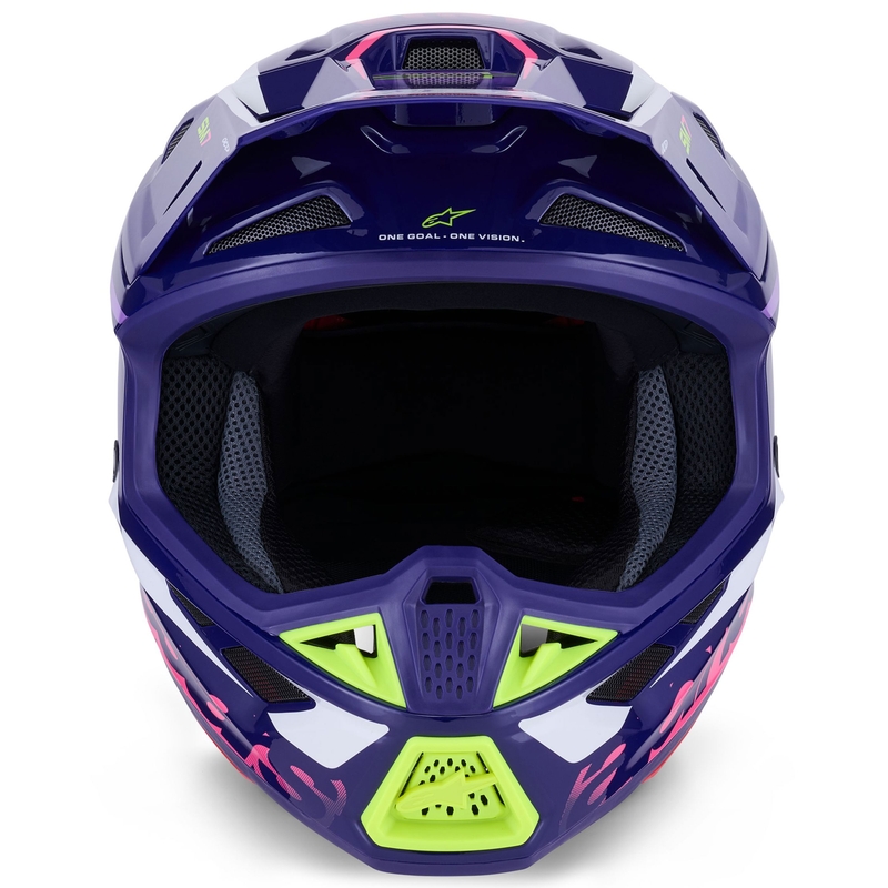 Casco de motocross Alpinestars SM7 Deed en morado, rosa, blanco y amarillo fluorescente.