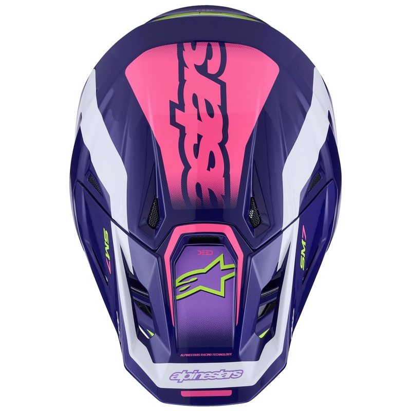 Casco de motocross Alpinestars SM7 Deed en morado, rosa, blanco y amarillo fluorescente.