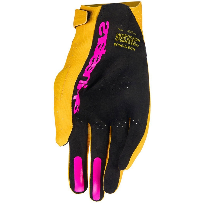 Guantes de motocross Alpinestars Supertech MX dorados, negros y rosas fluorescentes