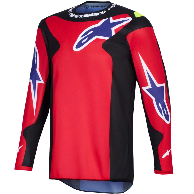 Camiseta de motocross Alpinestars Fluid Grid en rojo, negro, morado y amarillo