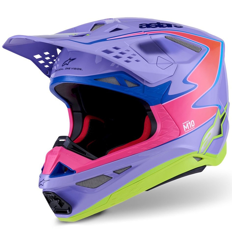 Casco de motocross Alpinestars S-M10 JETT LAWRENCE R01 morado-rosa fluo-amarillo fluo