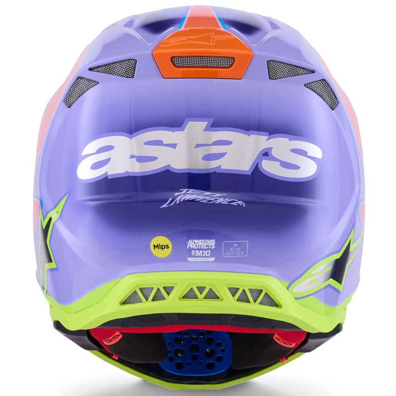 Casco de motocross Alpinestars S-M10 JETT LAWRENCE R01 morado-rosa fluo-amarillo fluo