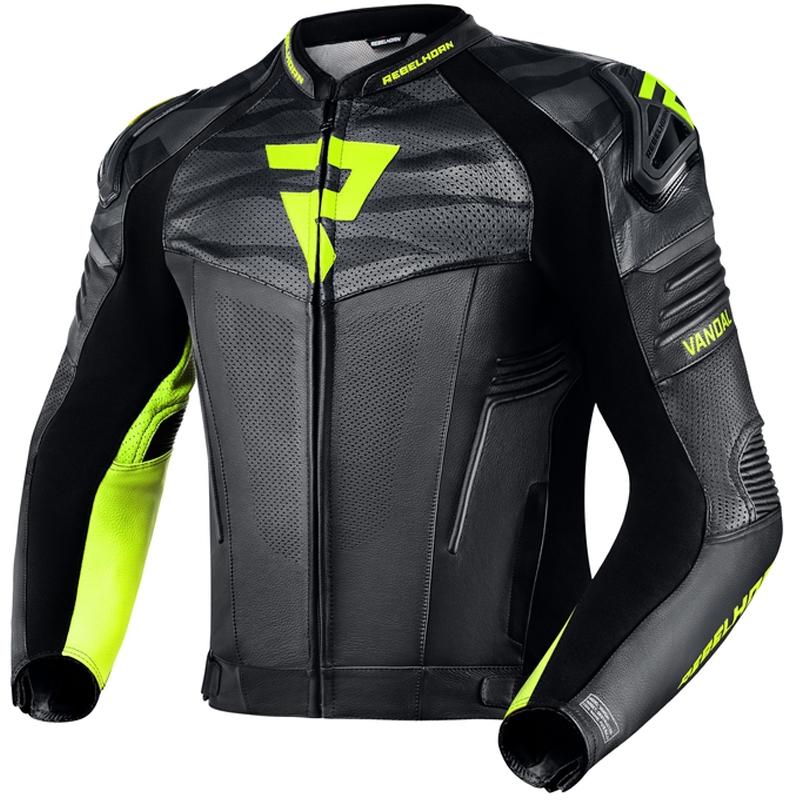 Chaqueta de cuero Rebelhorn Vandal Negro-Amarillo Flúo liquidación