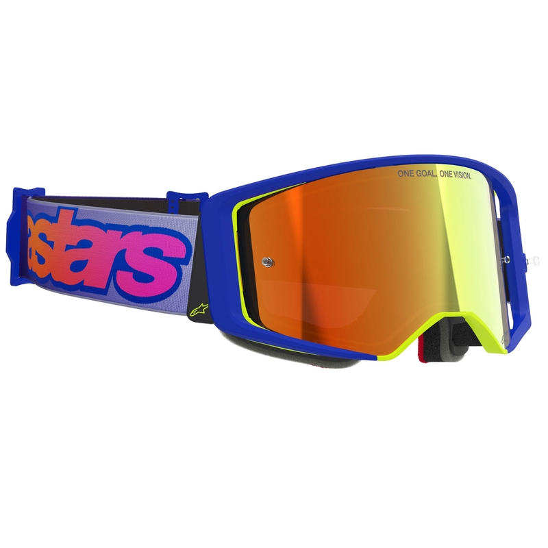 Gafas de motocross Alpinestars Supertech Vision Vista en azul, amarillo y morado con lente roja espejada