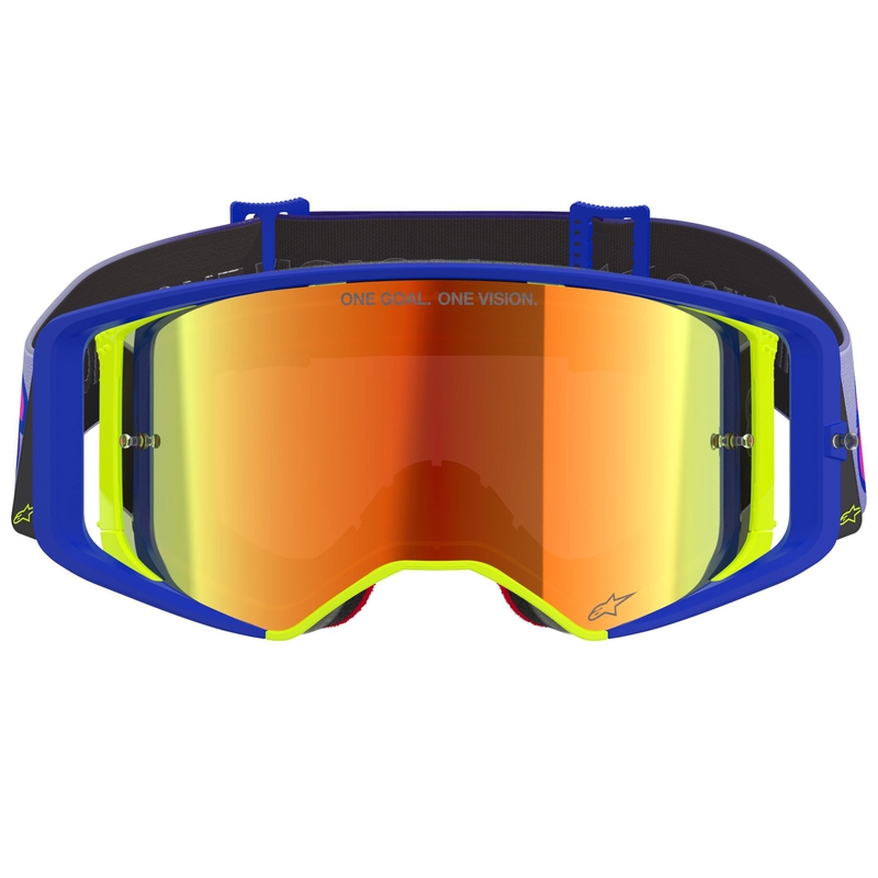 Gafas de motocross Alpinestars Supertech Vision Vista en azul, amarillo y morado con lente roja espejada