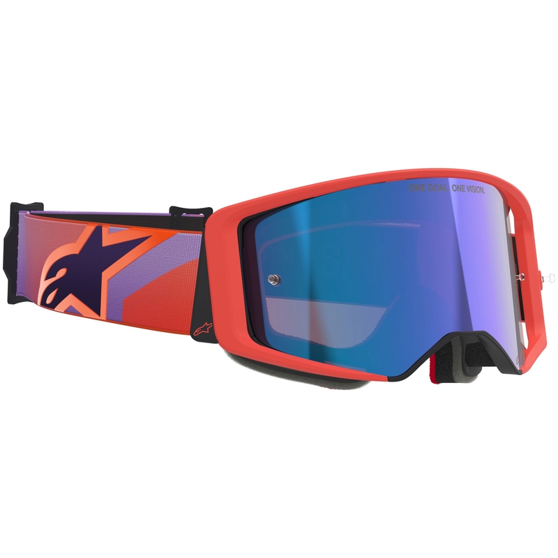 Gafas de motocross Alpinestars Supertech Vision Corp en color naranja-morado con lente azul espejada