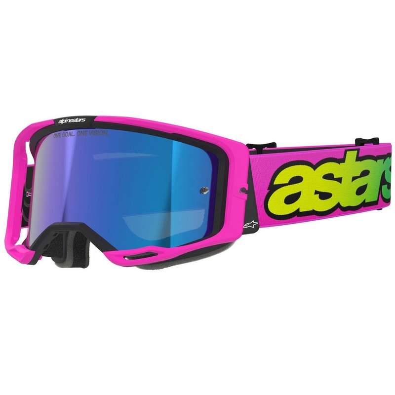 Gafas de motocross Alpinestars Vision 8 Vista en rosa fluo, amarillo fluo y verde con lente azul espejada