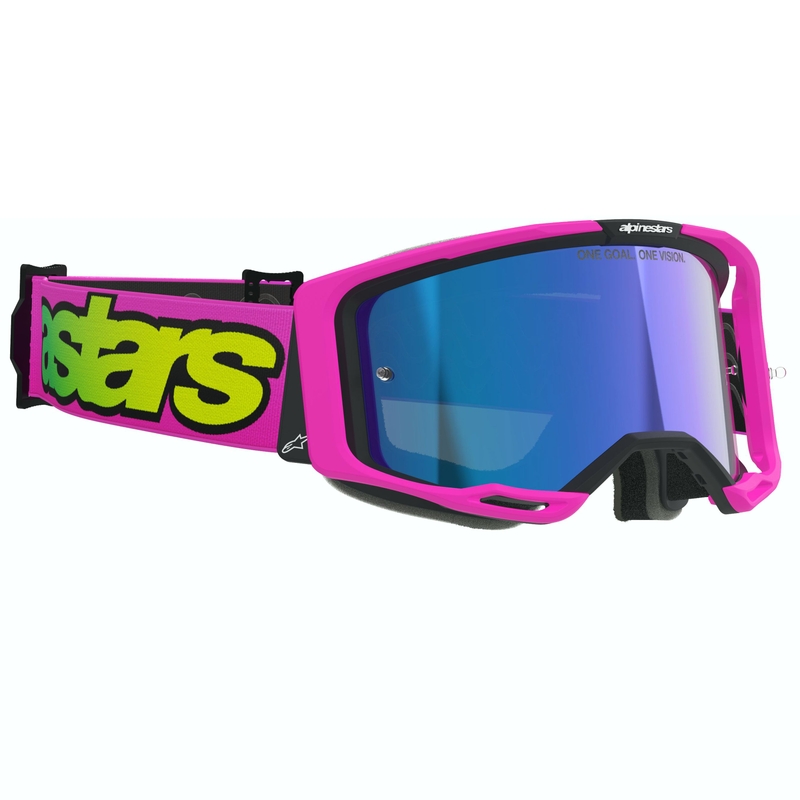 Gafas de motocross Alpinestars Vision 8 Vista en rosa fluo, amarillo fluo y verde con lente azul espejada