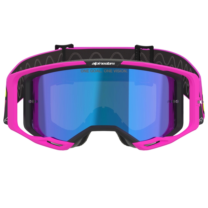 Gafas de motocross Alpinestars Vision 8 Vista en rosa fluo, amarillo fluo y verde con lente azul espejada
